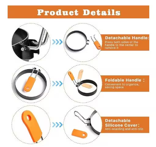 Product details of a kitchen tool with detachable handle, foldable handle, and silicone cover on an orange and white background.