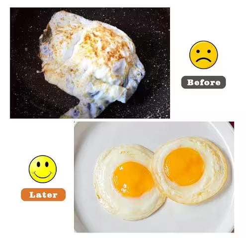 Before and after comparison of a fried egg on a white plate with a sad face emoji above the 'before' image and a happy face emoji above the 'after' image.