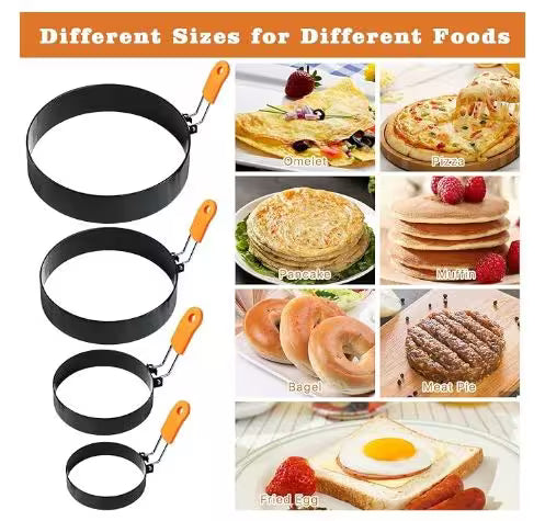Set of metal pancake rings with images showing their use for various foods.