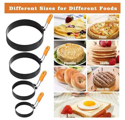 Set of metal pancake rings with images showing their use for various foods.