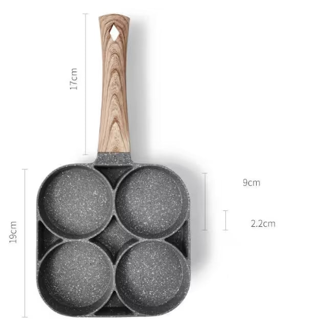 Frying pan with wooden handle and measurements on a white background