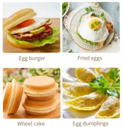 Four food items: egg burger, fried eggs, wheel cake, and egg dumplings, each labeled with its name.