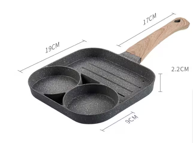 Black frying pan with wooden handle and measurements on a white background