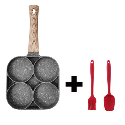 Set of four round pans with a wooden handle and two red silicone utensils on a white background.