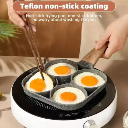 Frying pan with Teflon non-stick coating being used to cook eggs.