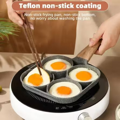 Frying pan with Teflon non-stick coating being used to cook eggs.