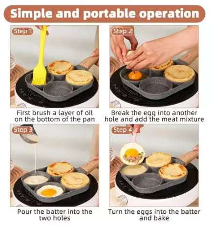 Step-by-step guide on using a portable cooking pan with four holes for making omelets.