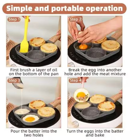 Step-by-step guide on using a portable cooking pan with four holes for making omelets.