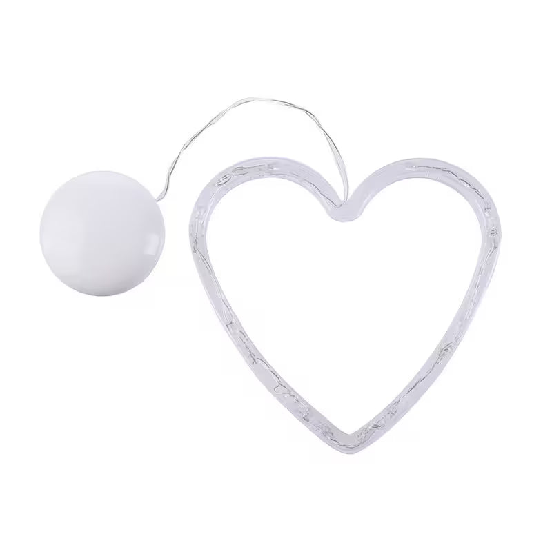 Heart-shaped light fixture with a white bulb on a white background