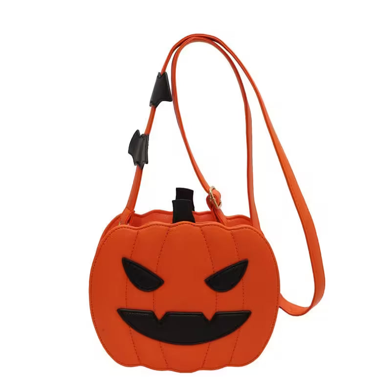 Pumpkin-shaped bag with a face design on a white background
