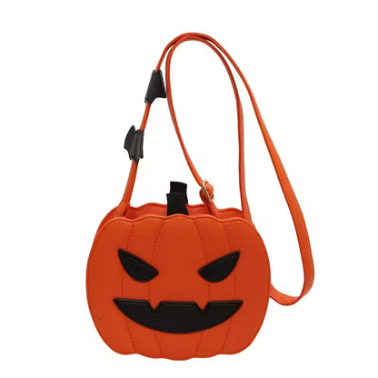 Pumpkin-shaped bag with a face design on a white background
