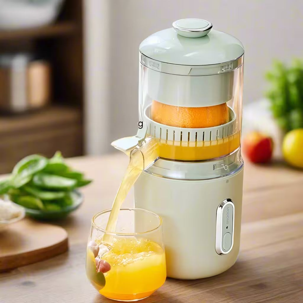 Juicer pouring orange juice into a glass on a wooden table with fruits in the background.