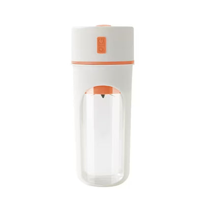 Clear glass water bottle with white and orange accents on a white background
