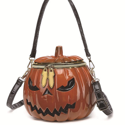 Pumpkin-shaped handbag with a face design on a white background