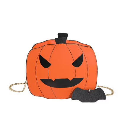 Pumpkin-shaped bag with a face design on a white background
