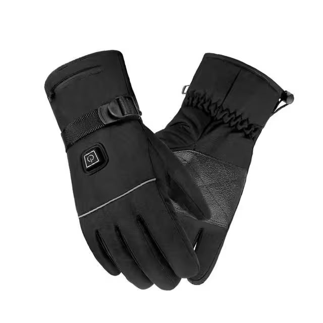 Black heated gloves with a visible heating element on a white background