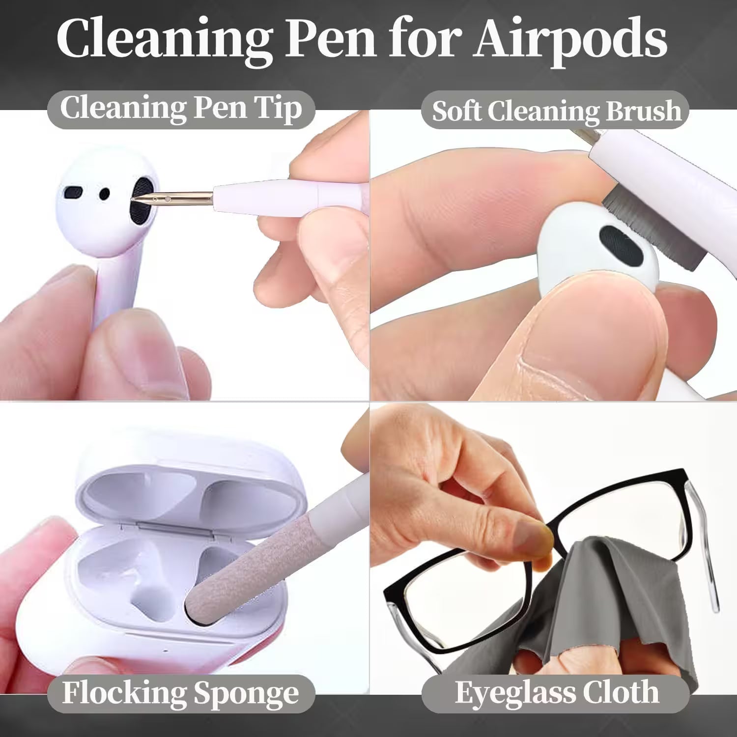 Cleaning pen for Airpods with different components and uses.
