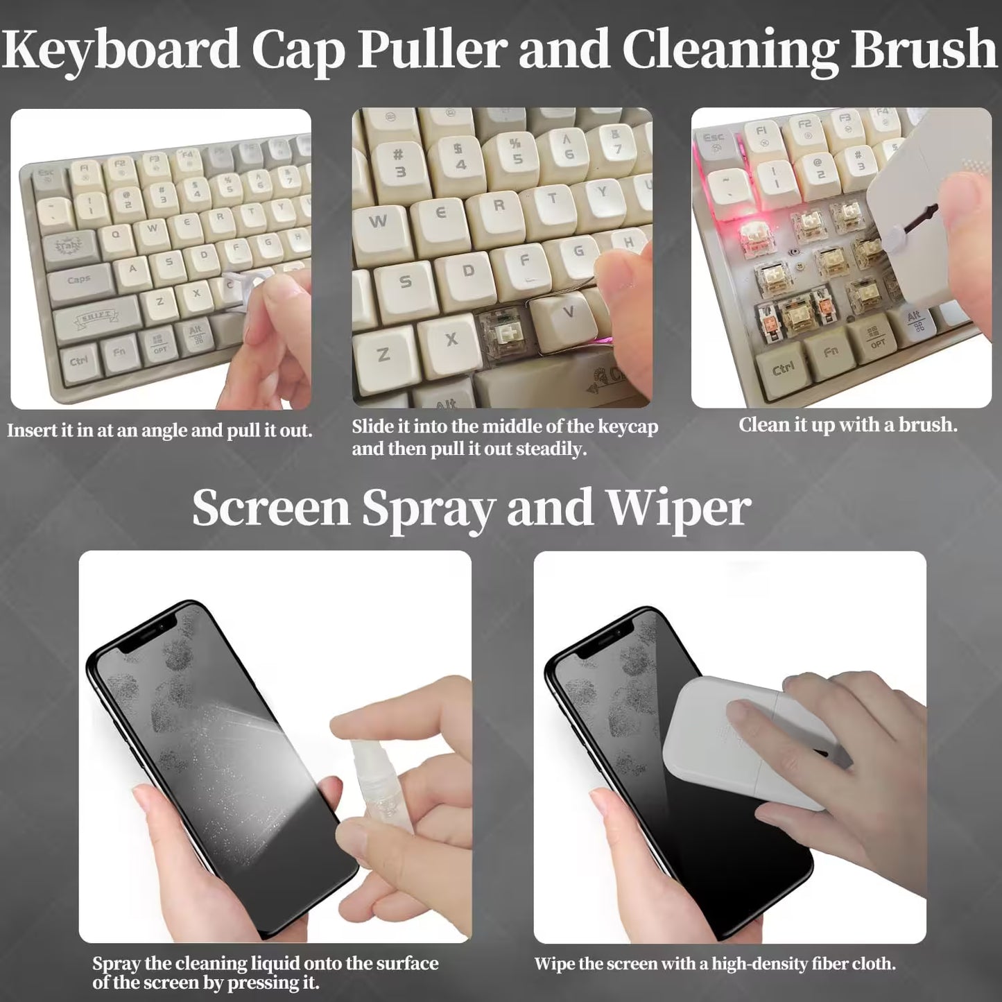 Keyboard cap puller and cleaning brush with screen spray and wiper on a gray background