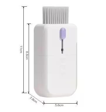 White electronic device with a brush attachment and measurement details on a white background
