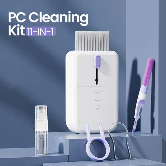 PC Cleaning Kit 11-in-1 with various cleaning tools on a blue background