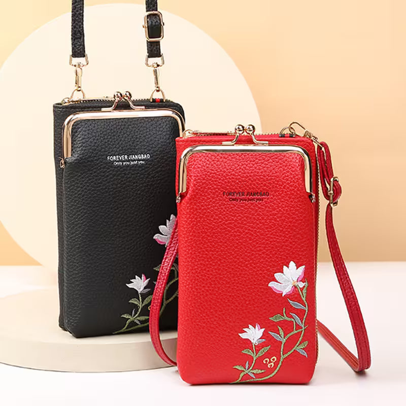 Black and red handbags with floral embroidery on a beige background