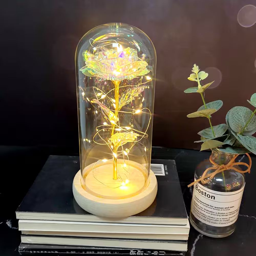 Decorative lamp with glowing rose inside a glass dome on a dark surface.
