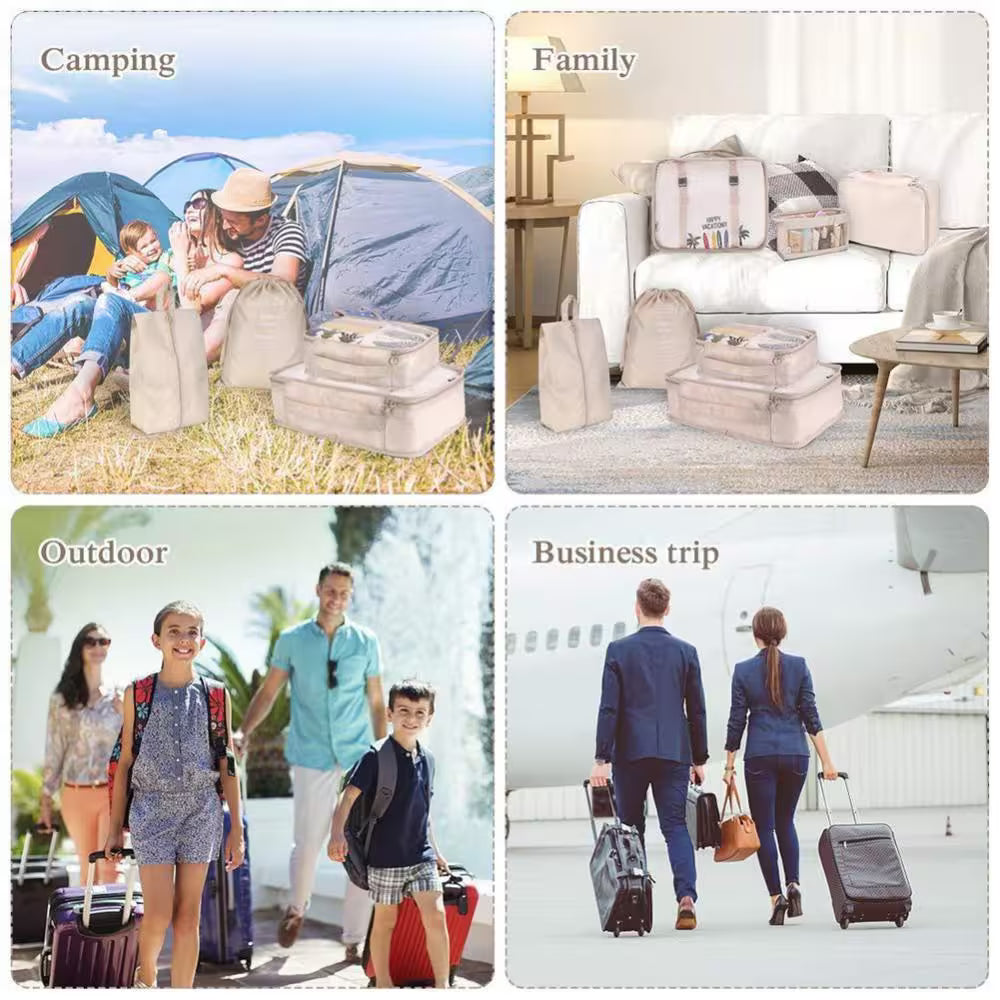Collage of four scenes labeled Camping, Family, Outdoor, and Business trip with corresponding images.