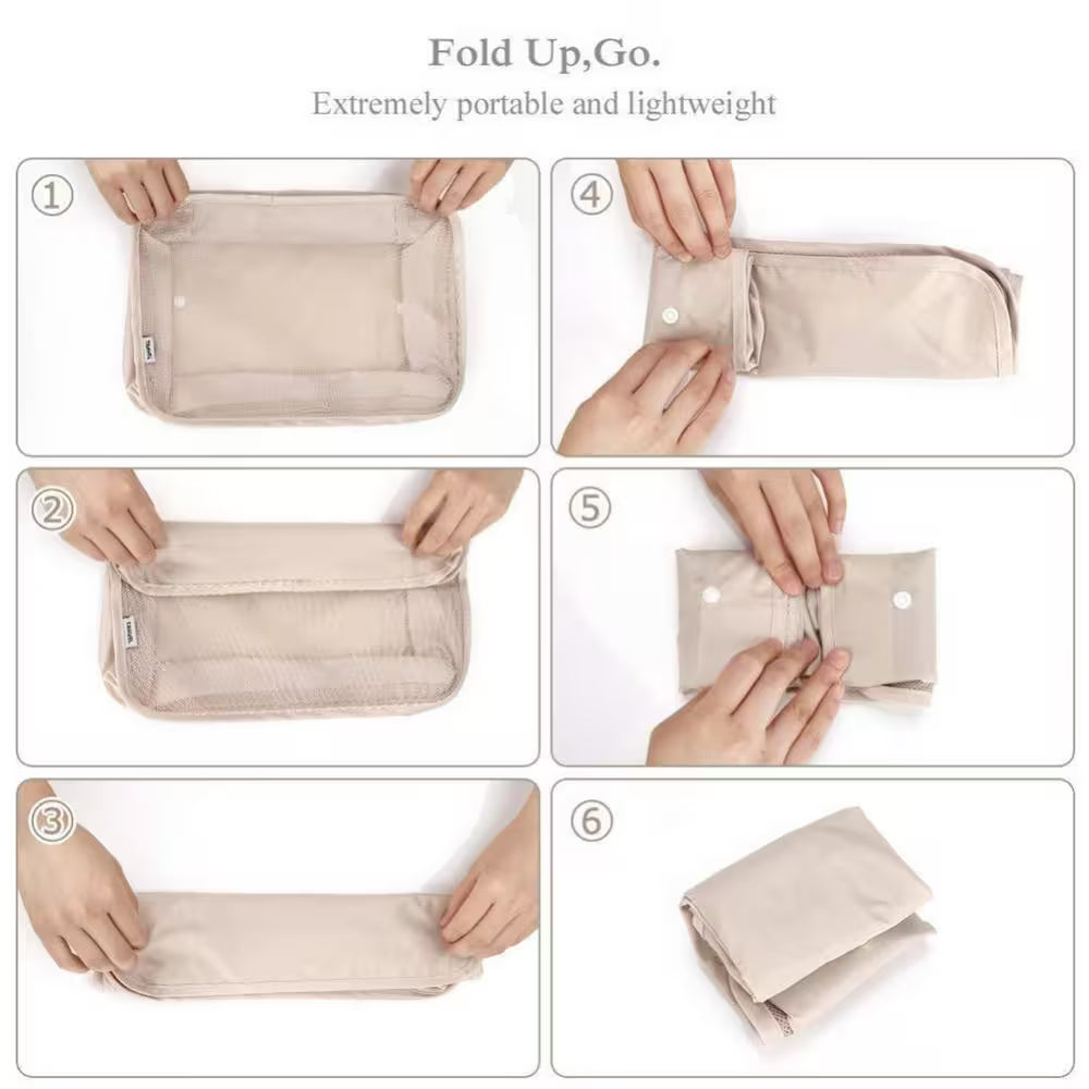 Step-by-step guide on how to fold a portable pouch, emphasizing its portability and light weight.