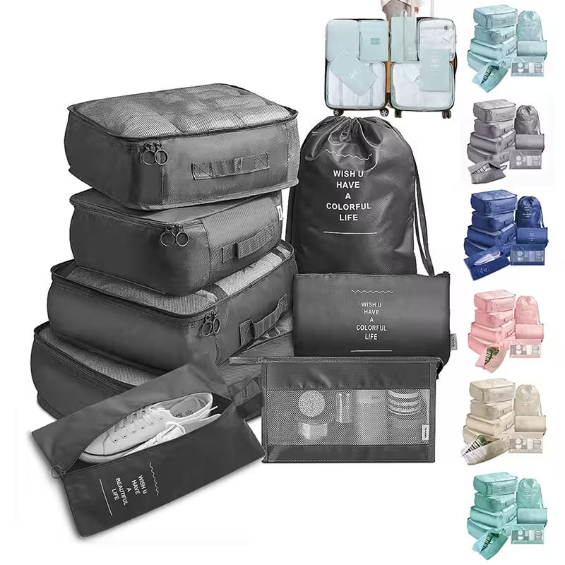 Collection of gray packing cubes and bags with text on a white background