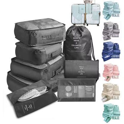 Collection of gray packing cubes and bags with text on a white background