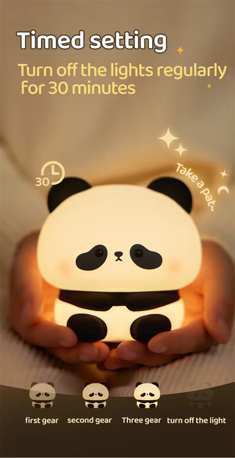 Panda-shaped night light with timed setting instructions on a warm background
