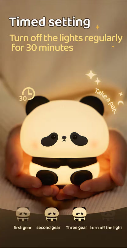 Panda-shaped night light with timed setting instructions on a warm background
