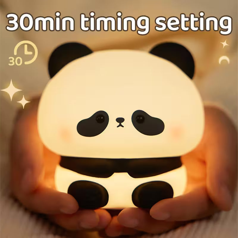 Panda-shaped night light with '30min timing setting' text held in hands.