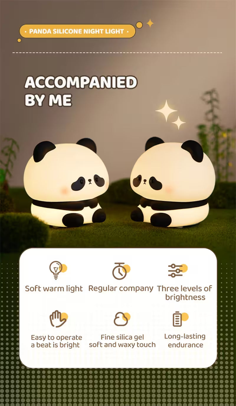 Two panda silicone night lights on grass with product features listed below.