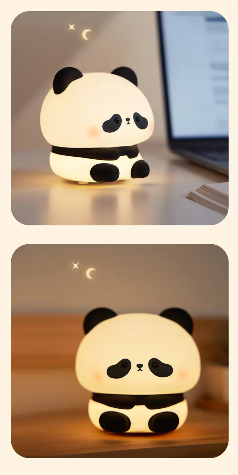 Cute panda-shaped night light on a desk next to a laptop.