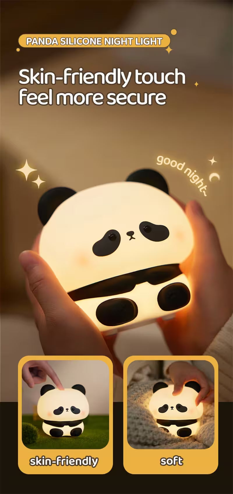 Panda silicone night light held by a hand with glowing effect, emphasizing skin-friendly touch and softness.