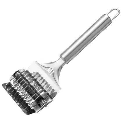 Metallic potato masher on a white background