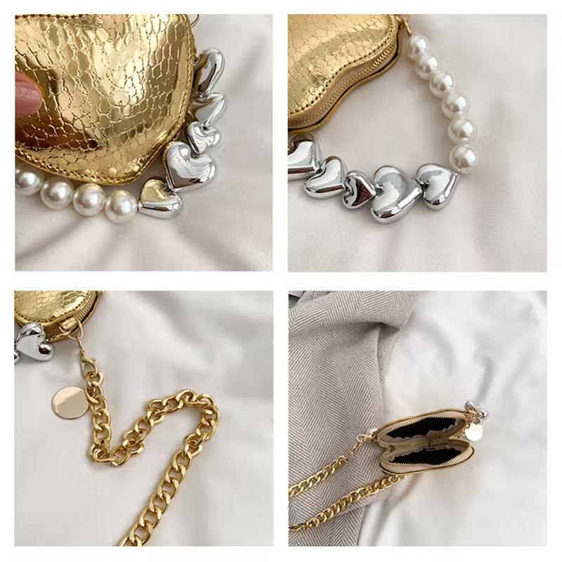 Collage of heart-shaped jewelry items including a gold heart, pearl and silver heart bracelet, gold chain, and heart-shaped pendant.