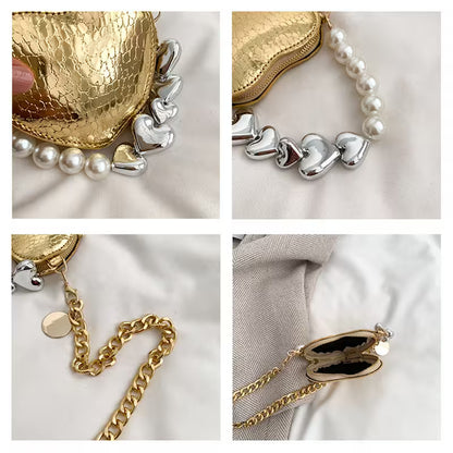 Collage of heart-shaped jewelry items including a gold heart, pearl and silver heart bracelet, gold chain, and heart-shaped pendant.