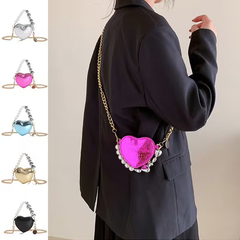 Person wearing a pink heart-shaped handbag with a chain strap, surrounded by color swatches on the left.