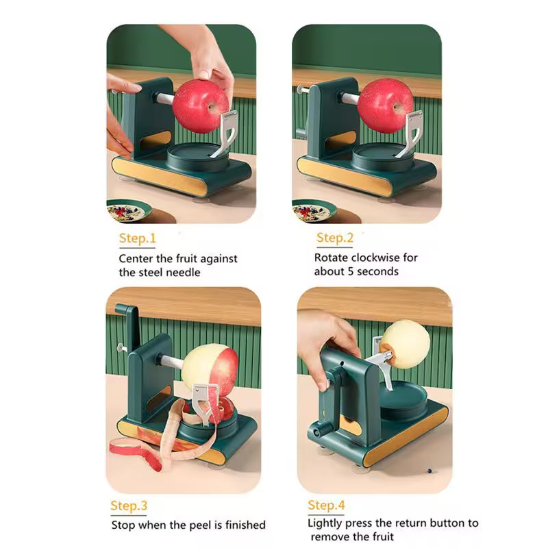 Step-by-step guide on using a fruit peeler with an apple.