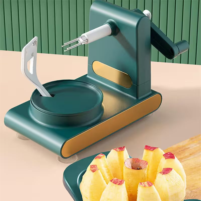 Green apple peeler with sliced apples on a beige surface and green background