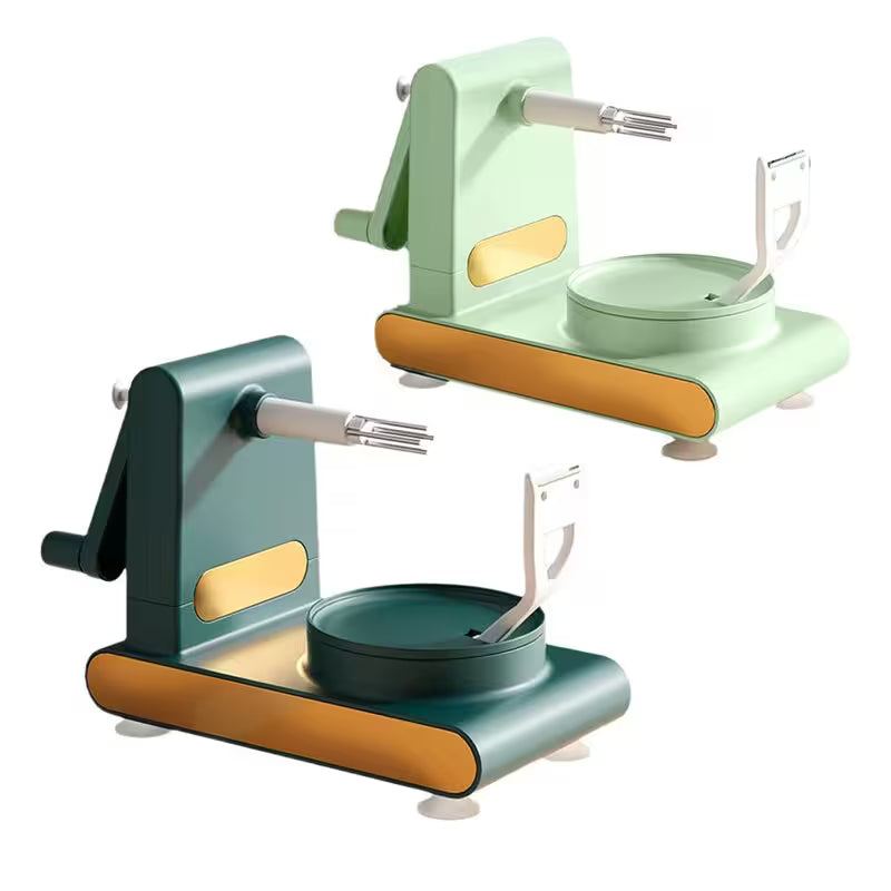 Two green and orange apple peeling machines on a white background