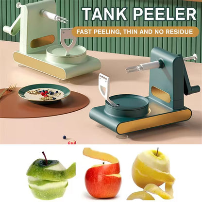 Tank peeler with a bowl and apples being peeled on a table.