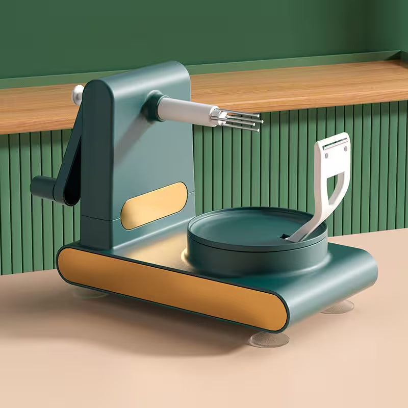 Green and gold kitchen appliance on a beige surface with a green wall in the background