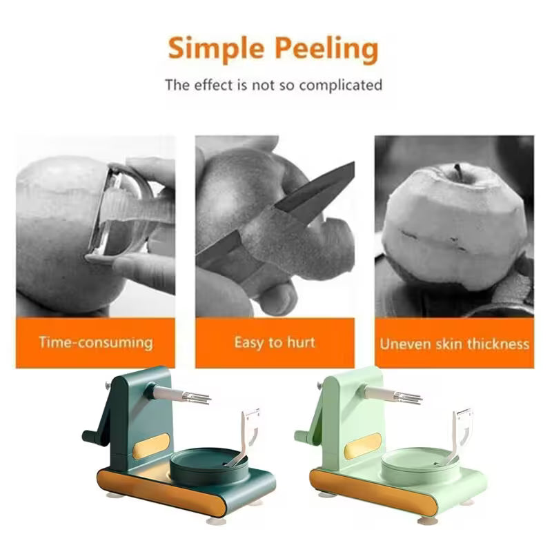 Apple peeling tool with images showing its use and benefits