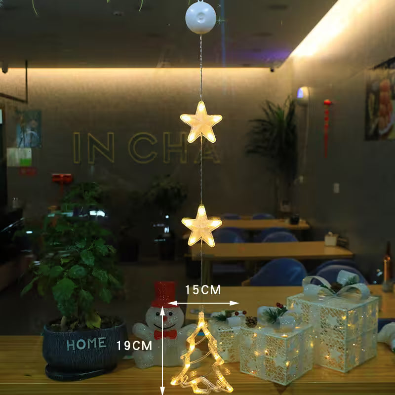 Decorative string lights shaped like stars on a table with measurements, set against a restaurant interior.