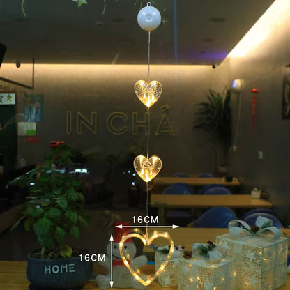Decorative heart-shaped string lights with measurements in a room setting.