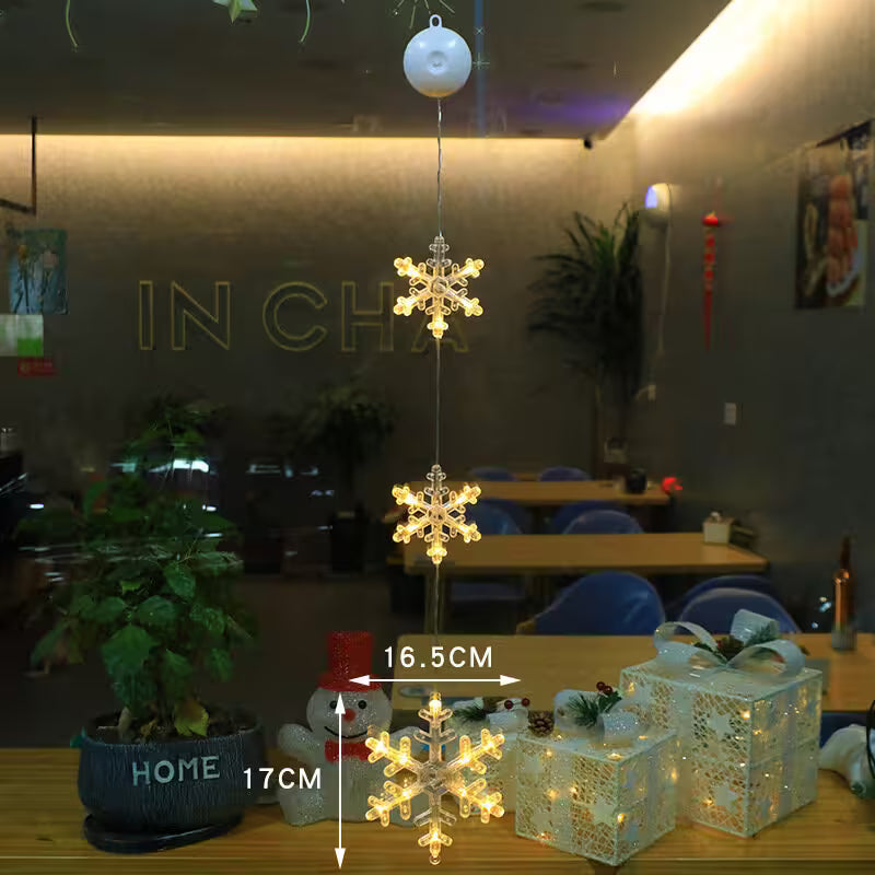 Decorative string lights shaped like snowflakes on a table with measurements, set against a restaurant interior.