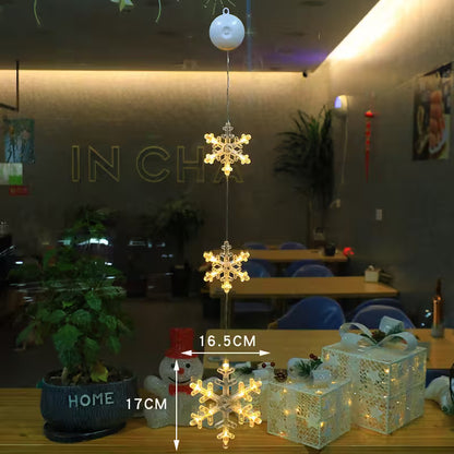 Decorative string lights shaped like snowflakes on a table with measurements, set against a restaurant interior.
